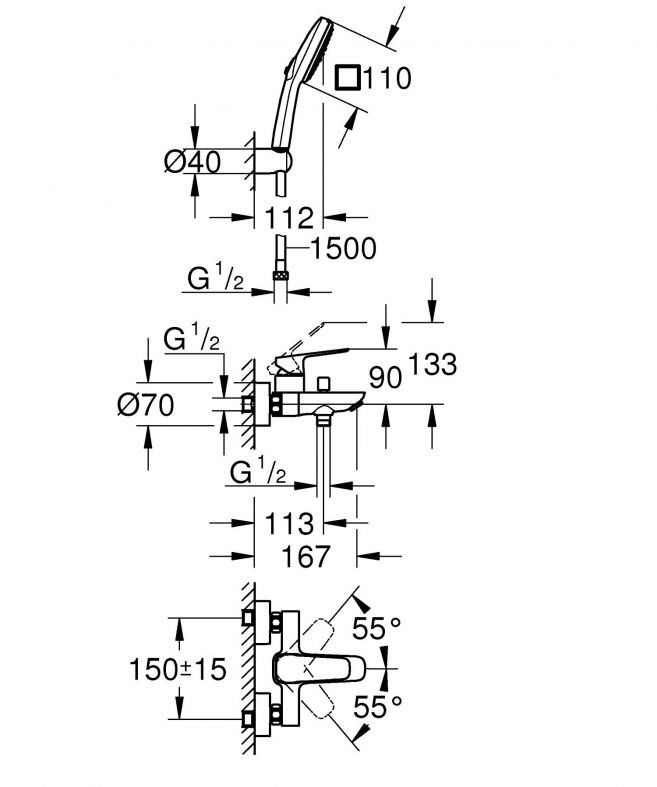 Смеситель для ванны Grohe Cubeo хром 1018140000 с душевым гарнитуром