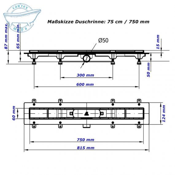 Душевой канал MCH CH 750/50 DN1 с решеткой Капли