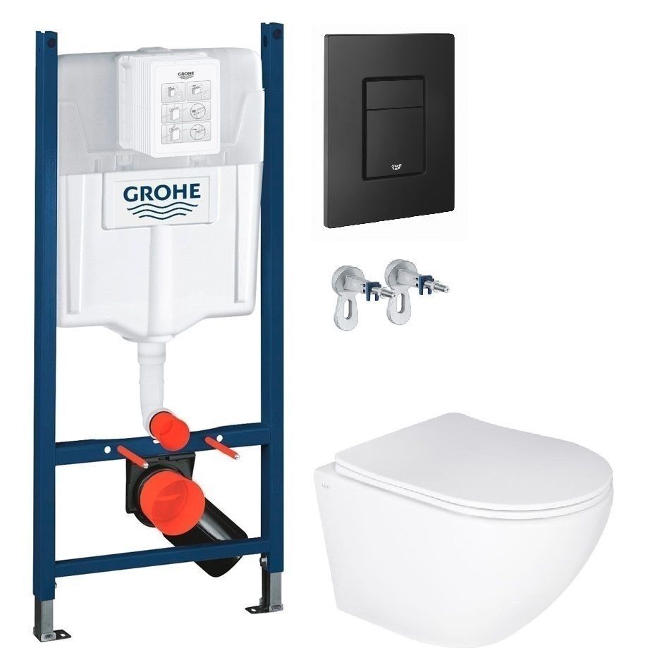 Інсталяція Grohe Rapid SL 3884000G з клавішею Skate Cosmopolitan чорною матовою + Унітаз підвісний Qtap Jay Ultra Quiet QT07335177W з сидінням Soft Close
