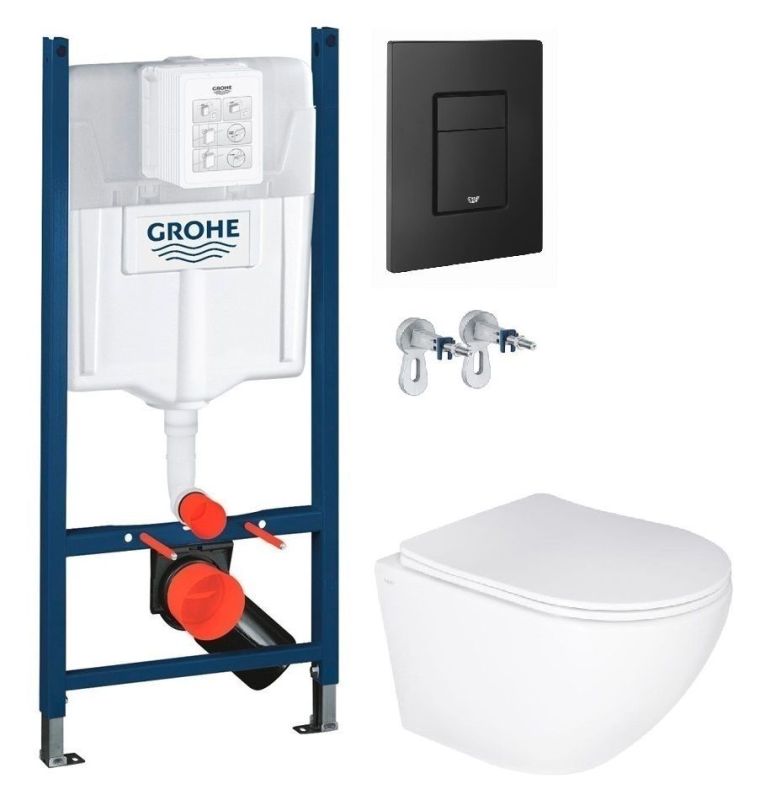 Інсталяція Grohe Rapid SL 3884000G з клавішею Skate Cosmopolitan чорною матовою + Унітаз підвісний Qtap Jay Ultra Quiet QT07335177W з сидінням Soft Close