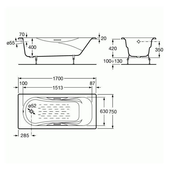 Ванна чавунна Roca Malibu 170х75 A23097000R + ручки