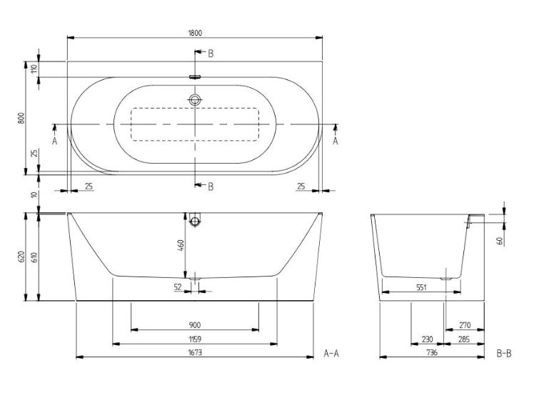 Ванна з матеріалу Quaryl® 180 х 80 см (білий alpin) Villeroy & Boch Oberon 2.0 UBQ180OBR9CD00V-01