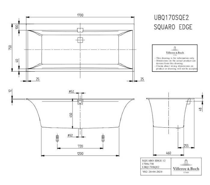 Ванна кварилова Villeroy & Boch Squaro Edge 170x75  BQ170SQE2DV-01 з ніжками і сифоном