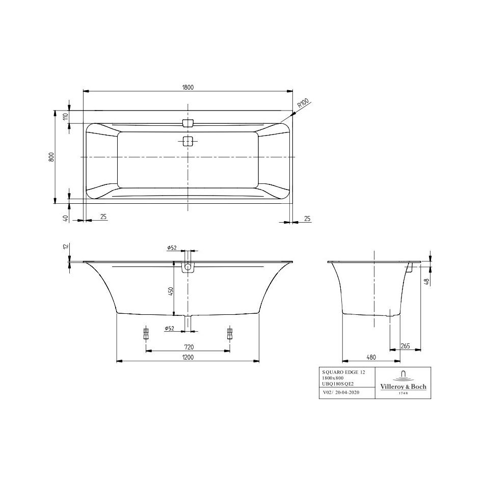 Ванна кварилова Villeroy & Boch Squaro Edge 180x80 BQ180SQE2DV-01  з ніжками і сифоном