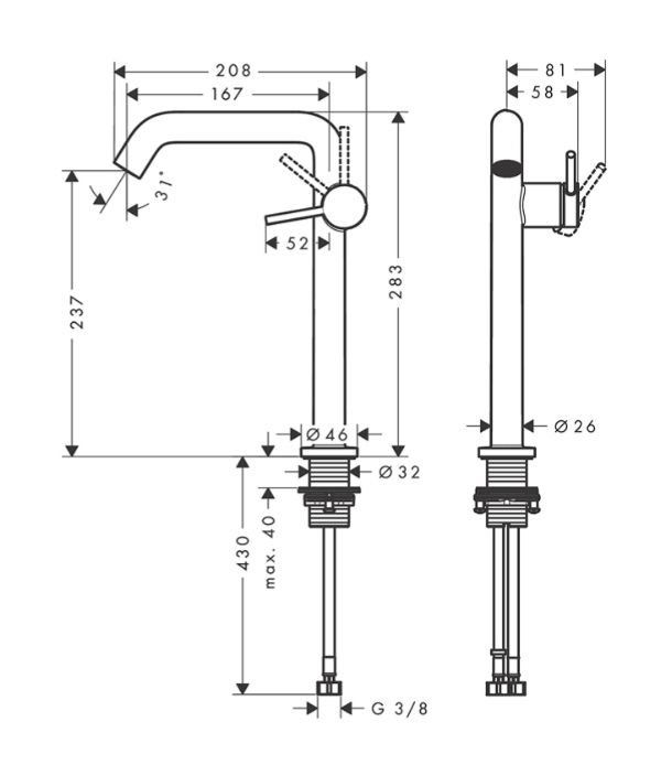 Змішувач для раковини Hansgrohe Tecturis S 240 Fine CoolStart сатин 73373800 з донним клапаном Push-Open