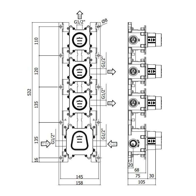 Вбудована частина для термостатичного змішувача на 3 споживача Paffoni Modular Box MDBOX019