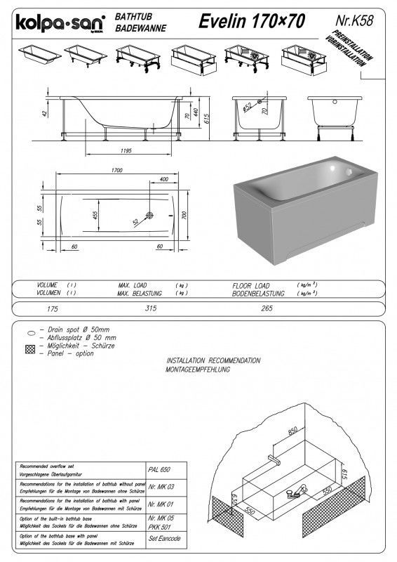 Ванна акрилова Kolpa San Evelin 170x70 см 593348