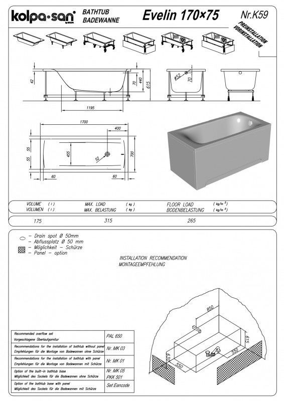 Ванна акрилова Kolpa San Evelin 170x75 см 593072