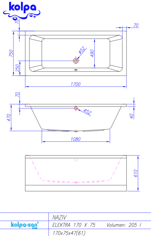 Ванна акрилова Kolpa San Elektra 170x75 740670