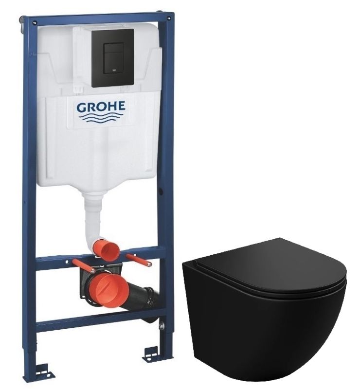 Інсталяція Grohe Solido 3 в 1 з чорною матовою клавішею 388112430 + Унітаз підвісний Koller Pool Round Tornado чорний матовий RN-0520-RQ-MB із сидінням Soft Close