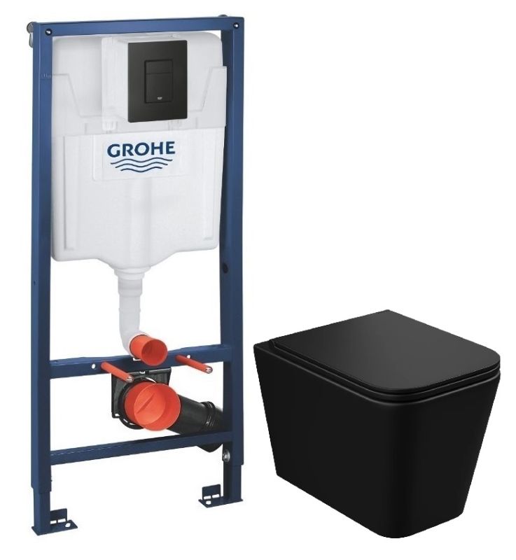 Інсталяція Grohe Solido 3 в 1 з чорною матовою клавішою 388112430 + Унітаз підвісний Koller Pool Kvadro Tornado чорний матовий KR-0530-RQ-MB із сидінням Soft Close