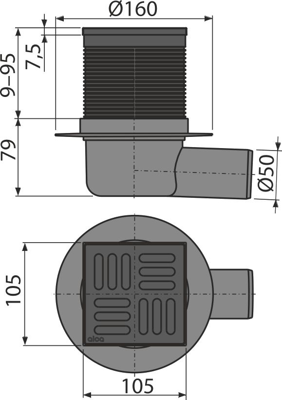Трап для душу AlcaPlast APV31Black з решіткою