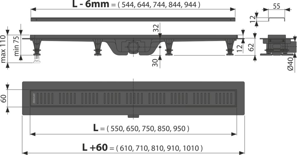 Душовий канал AlcaPlast APZ10BLACK-550M з решіткою