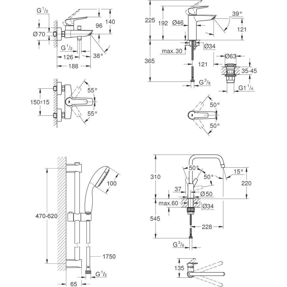 Набір змішувачів Grohe QuickFix Start 4 в 1 чорний матовий UA303301MK